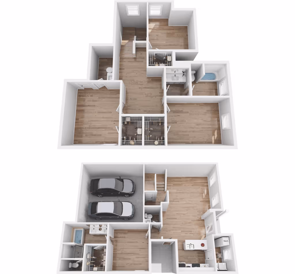 The Jack floor plan: 4-bedroom, 3.5-bath townhome with 2-car garage and open kitchen