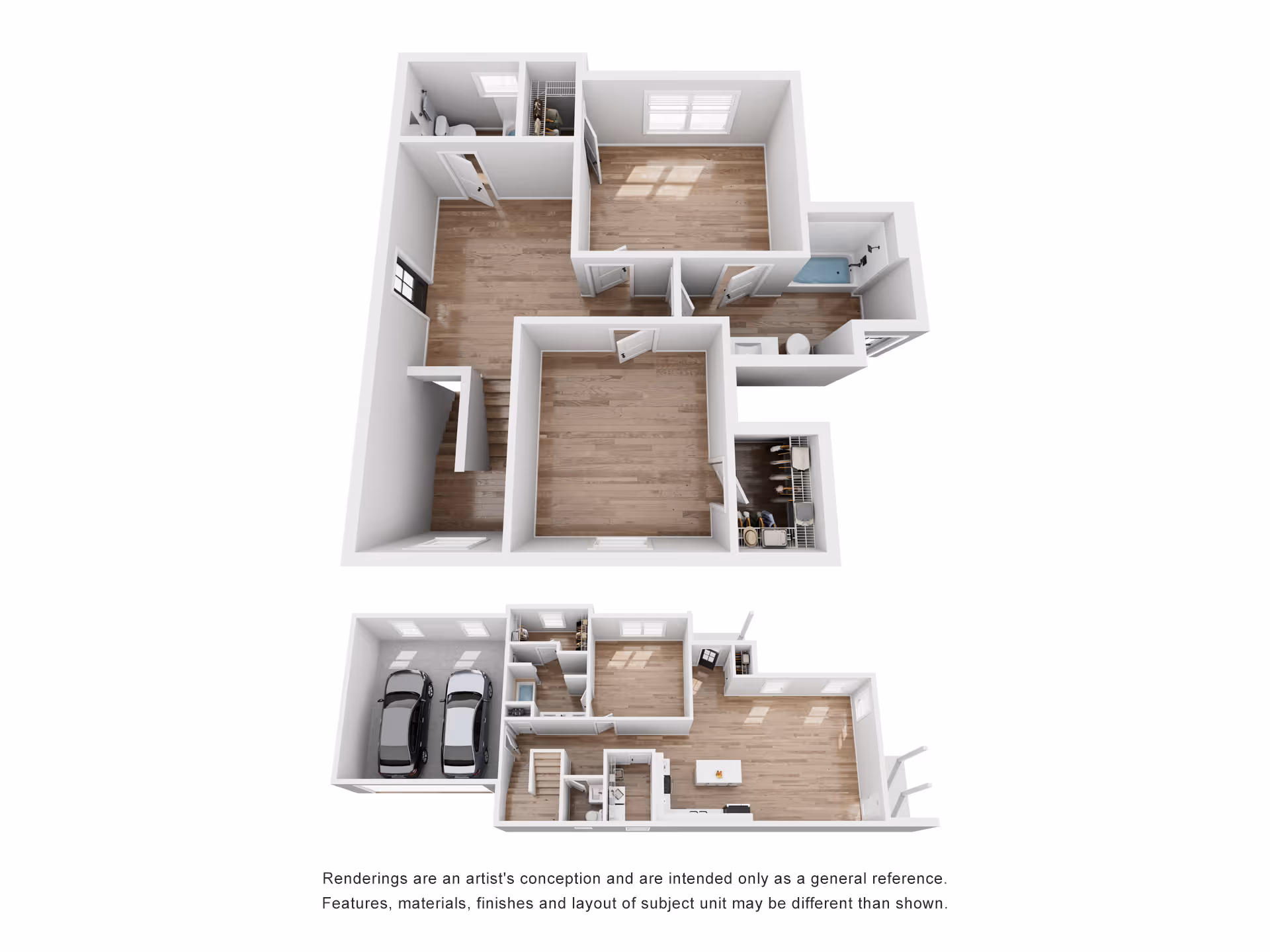The Damien floor plan: 3-bedroom, 3.5-bath townhome with 2-car garage and open living area