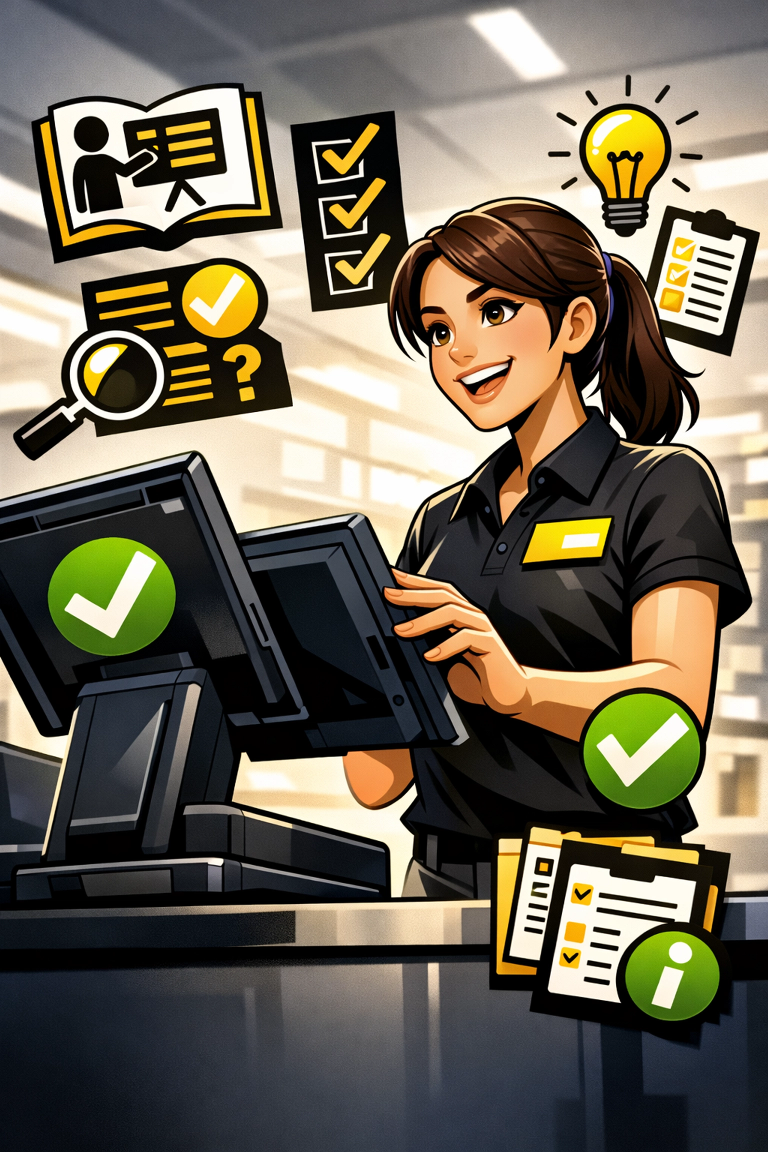 Retail employee confidently using modern dual-screen POS terminal after training