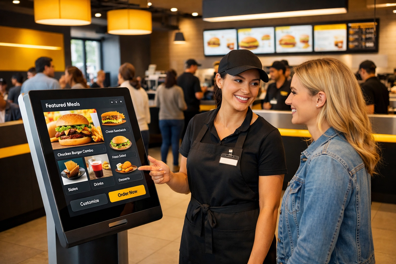 Staff member assisting customer at self-service kiosk in quick-service restaurant