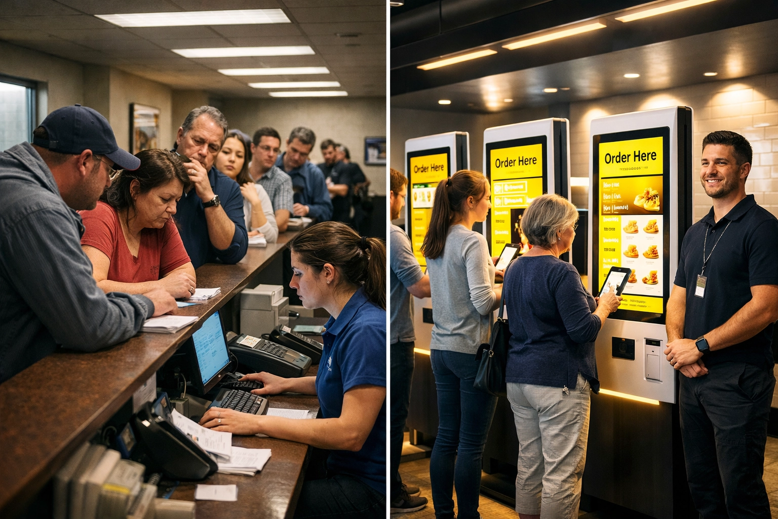 Comparison of traditional checkout line versus hybrid self-checkout kiosks in QSR