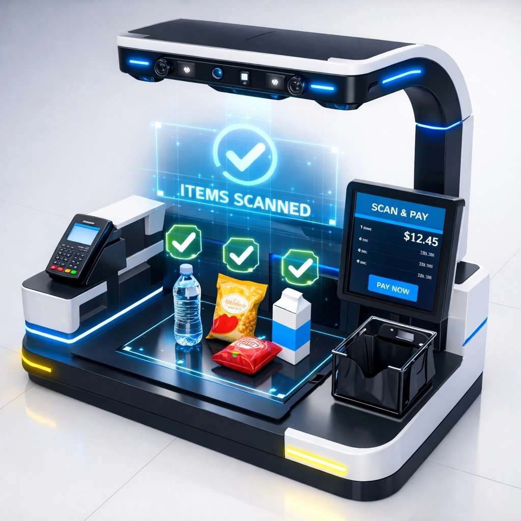 AI-powered self-checkout kiosk with integrated cameras and product recognition technology