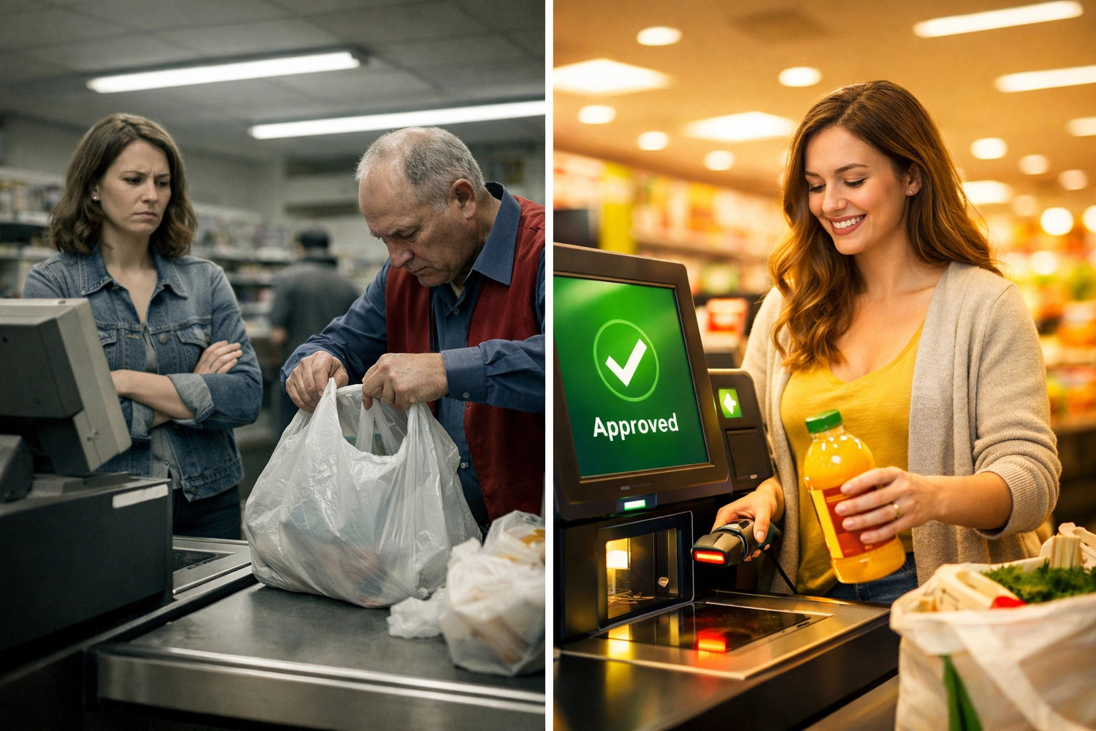 Comparison of traditional checkout frustration versus seamless AI-powered self-checkout experience