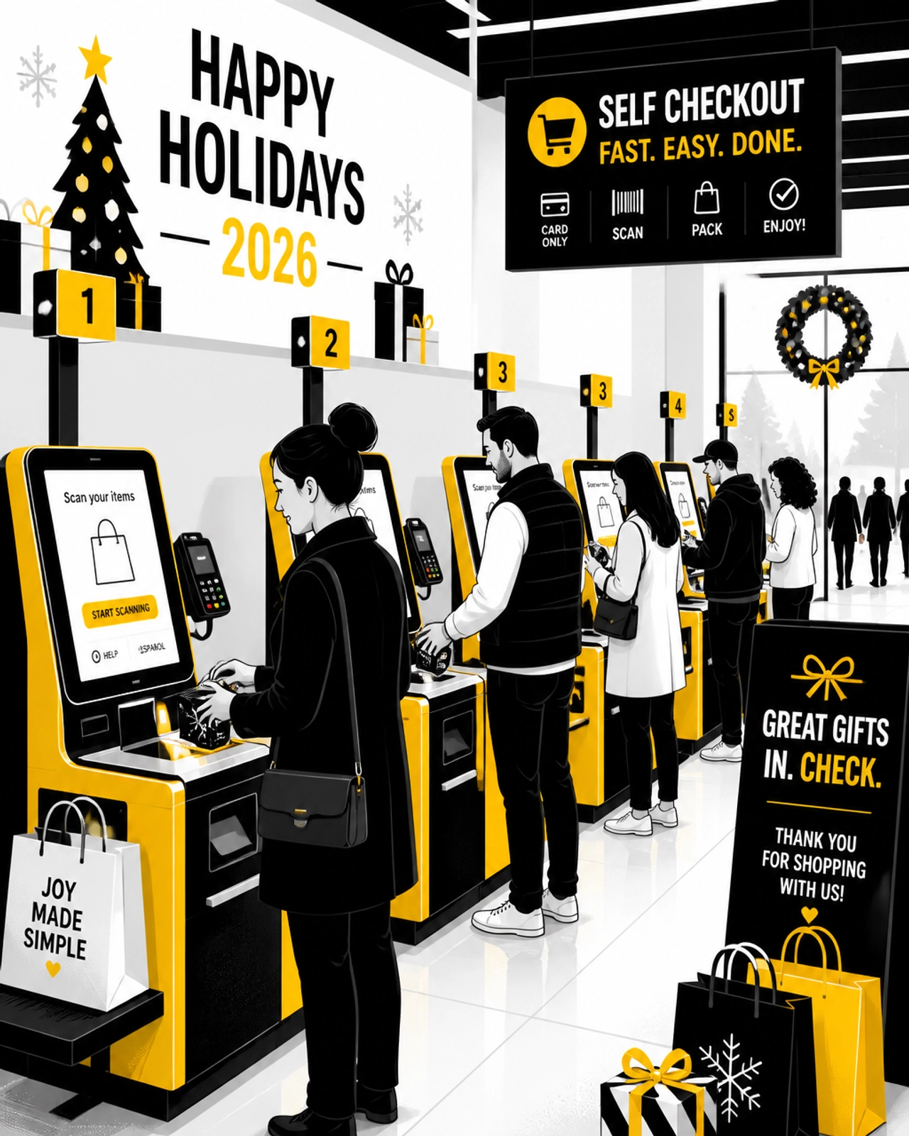 Busy 2026 holiday shoppers using self-checkout kiosks