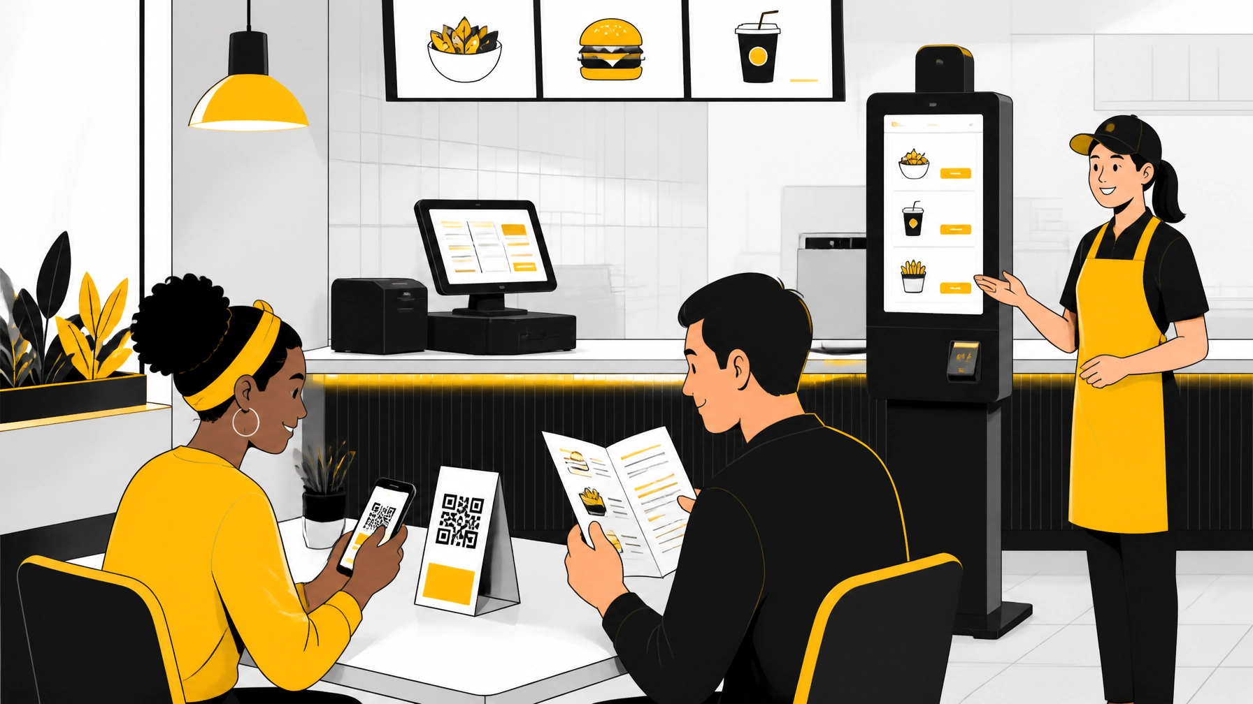 Hybrid restaurant ordering experience with QR menus, paper menus, staff assistance, and a self-service kiosk