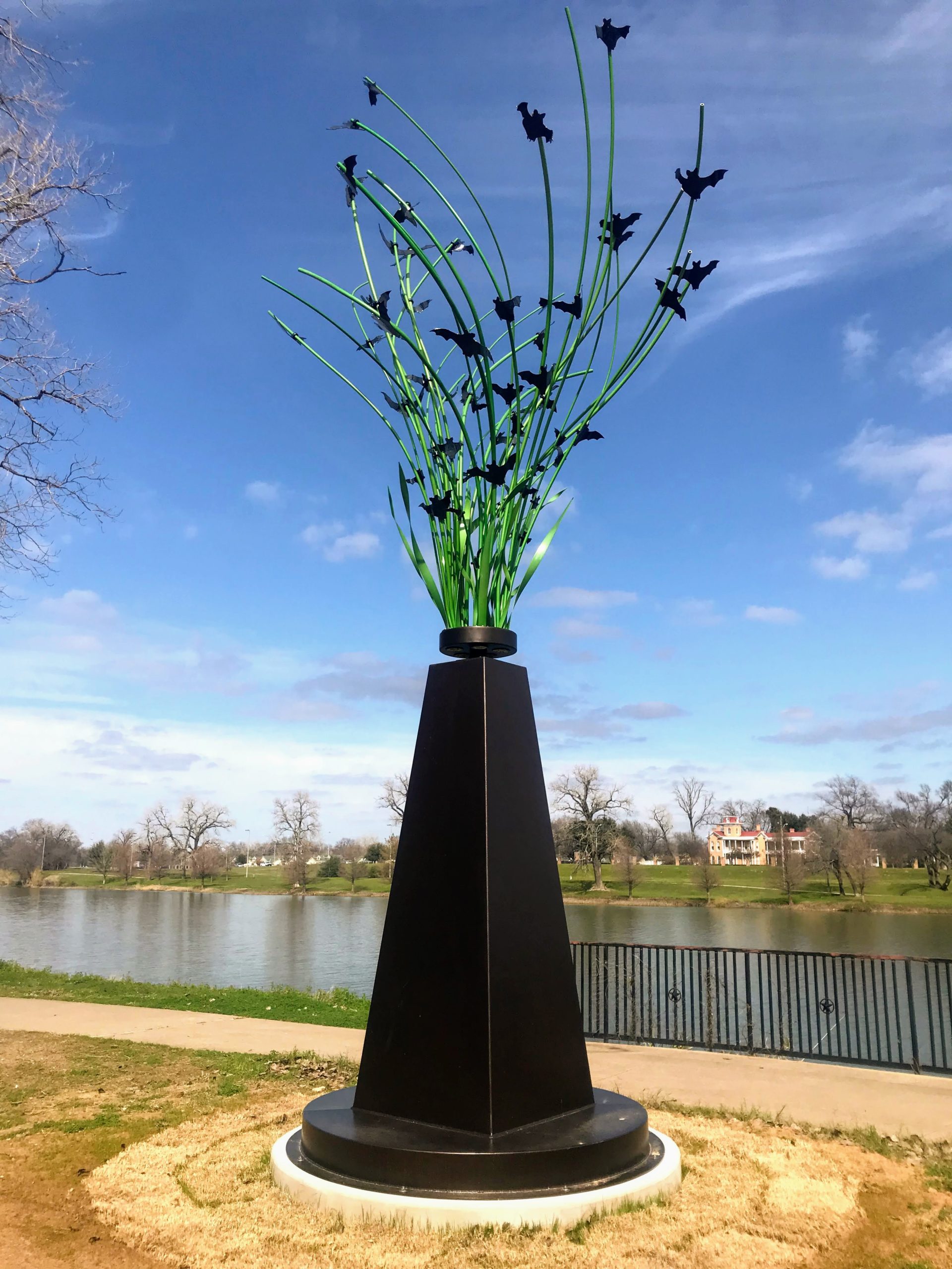 Bats Taking Flight (Mexican Free-Tail bats) — public sculpture on the Waco Sculpture Zoo trail