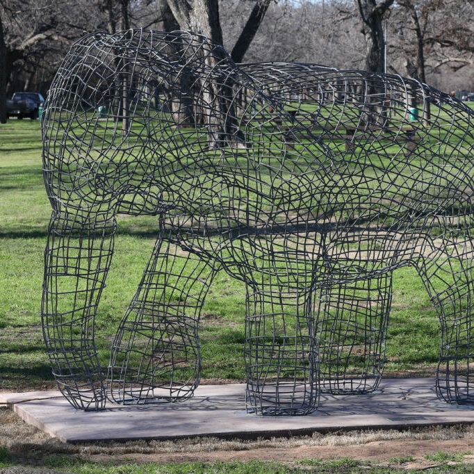 Afro Pach-Patch (Mother and baby African Elephants) — public sculpture on the Waco Sculpture Zoo trail