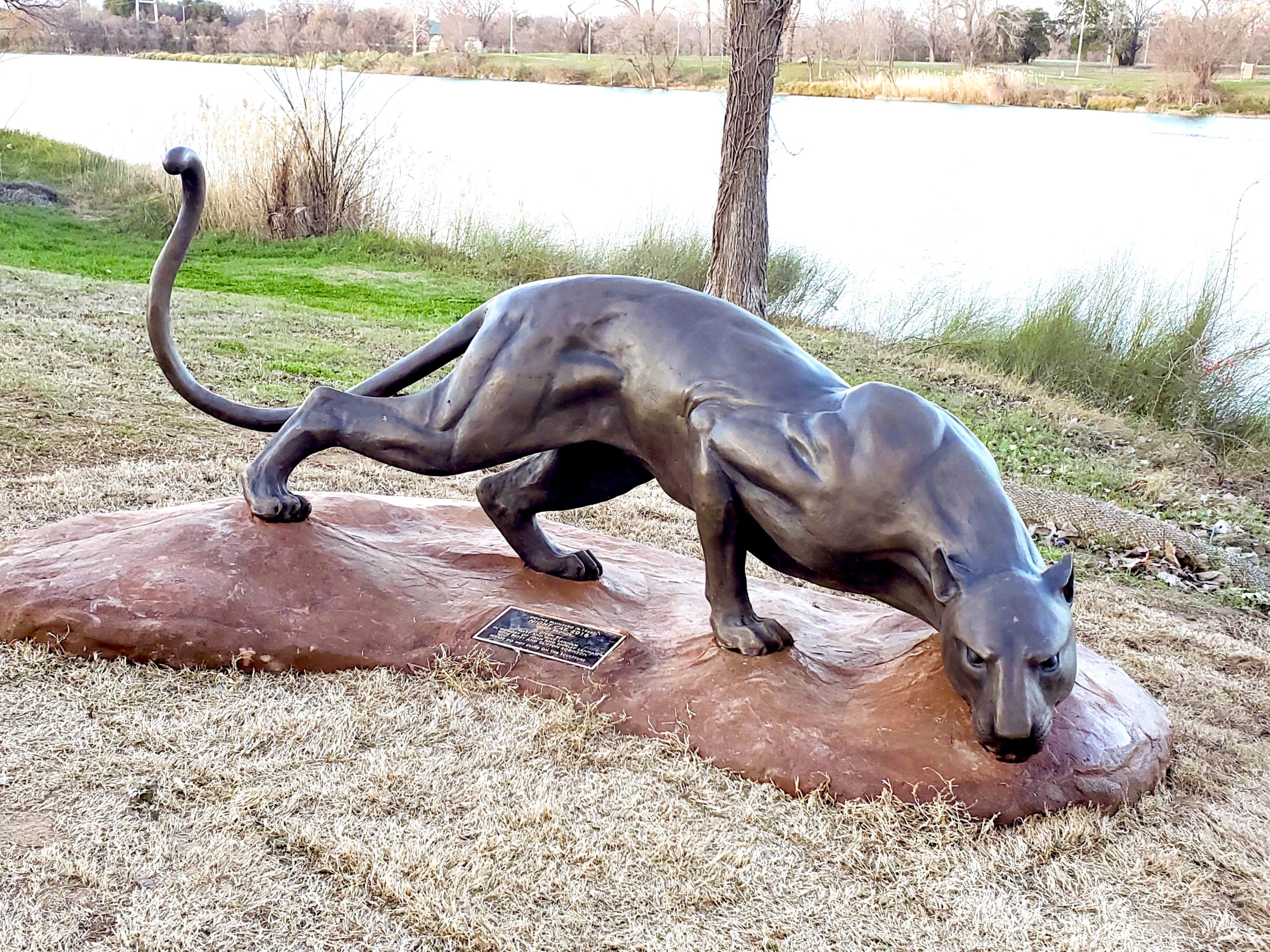 Night Cat (Mountain Lion) — public sculpture on the Waco Sculpture Zoo trail