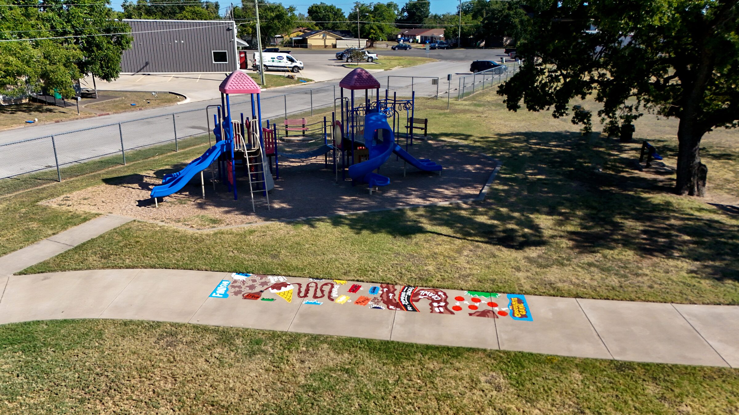 Aerial view of an ice-cream-themed sidewalk obstacle course at Veterans Memorial Park.