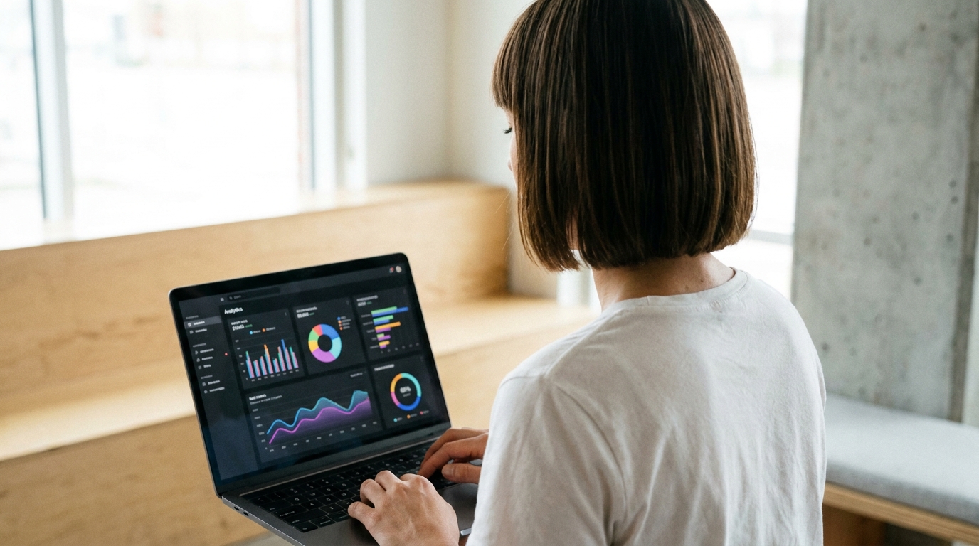 A small business owner reviewing a dark-themed analytics dashboard on a laptop in a modern office