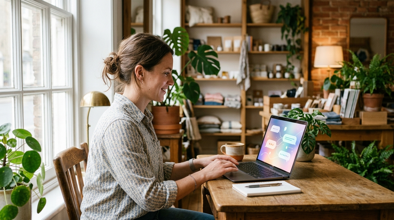 A small business owner working at her laptop with an AI chat interface on the screen, in a bright local shop