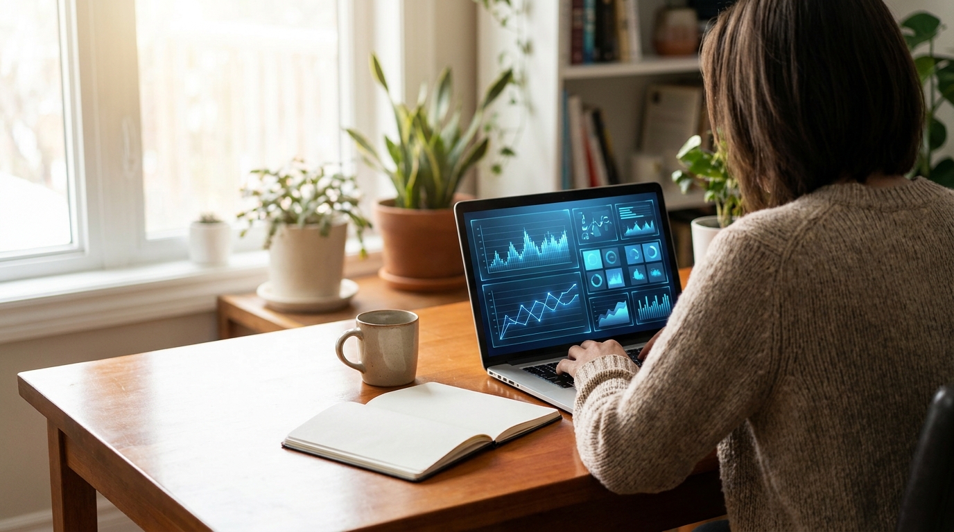 A small business owner reviewing a digital advertising performance dashboard on a laptop in a bright home office