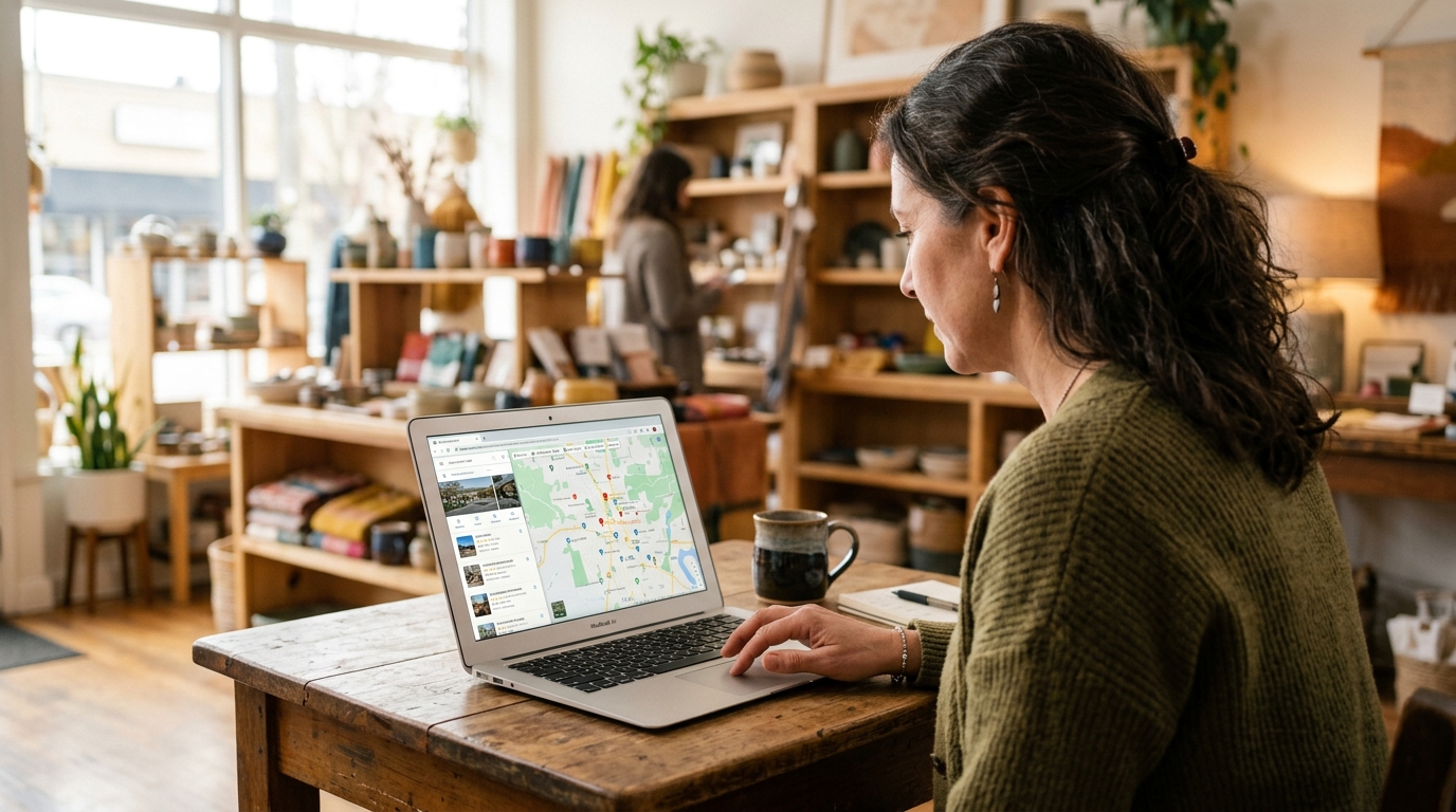 A small business owner reviewing a local map listing on a laptop in a bright shop