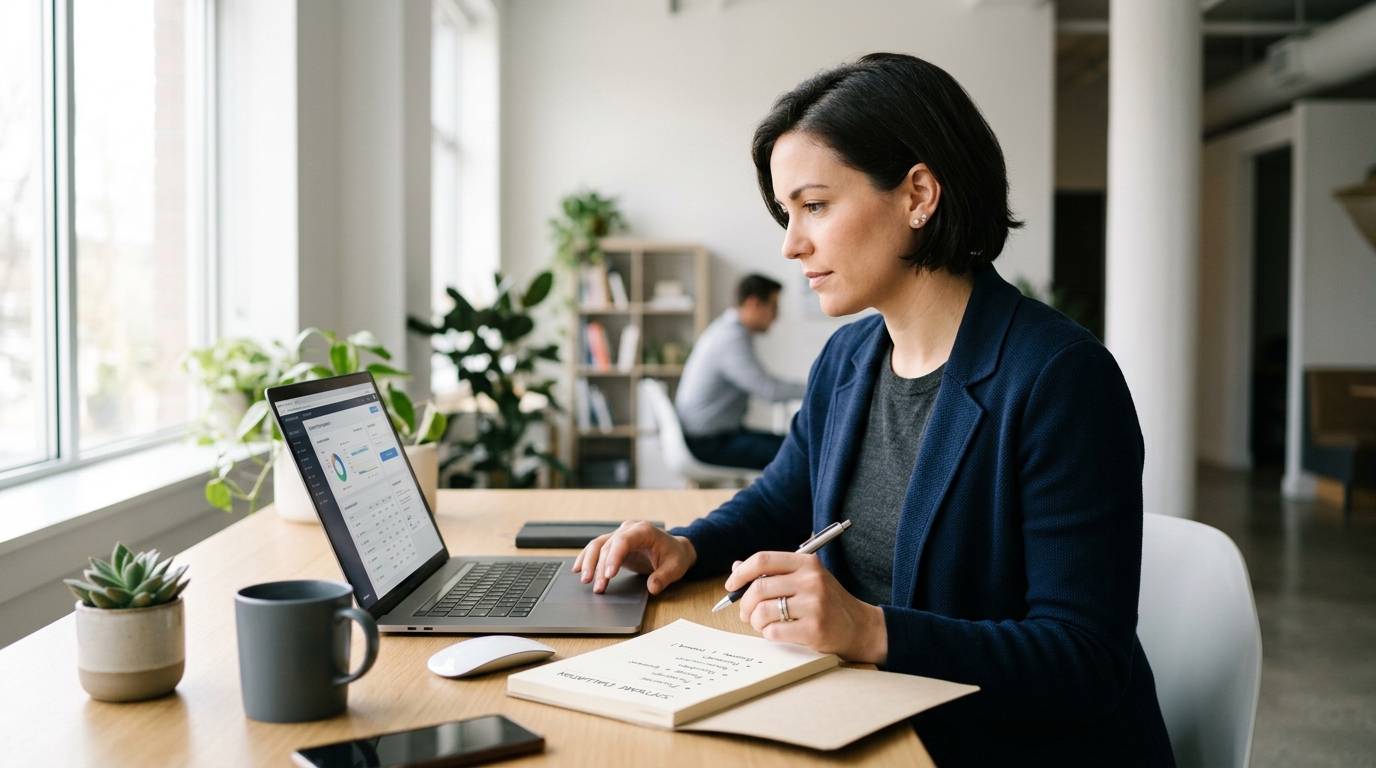 A small business owner at a desk comparing marketing software options on a laptop with a checklist notepad