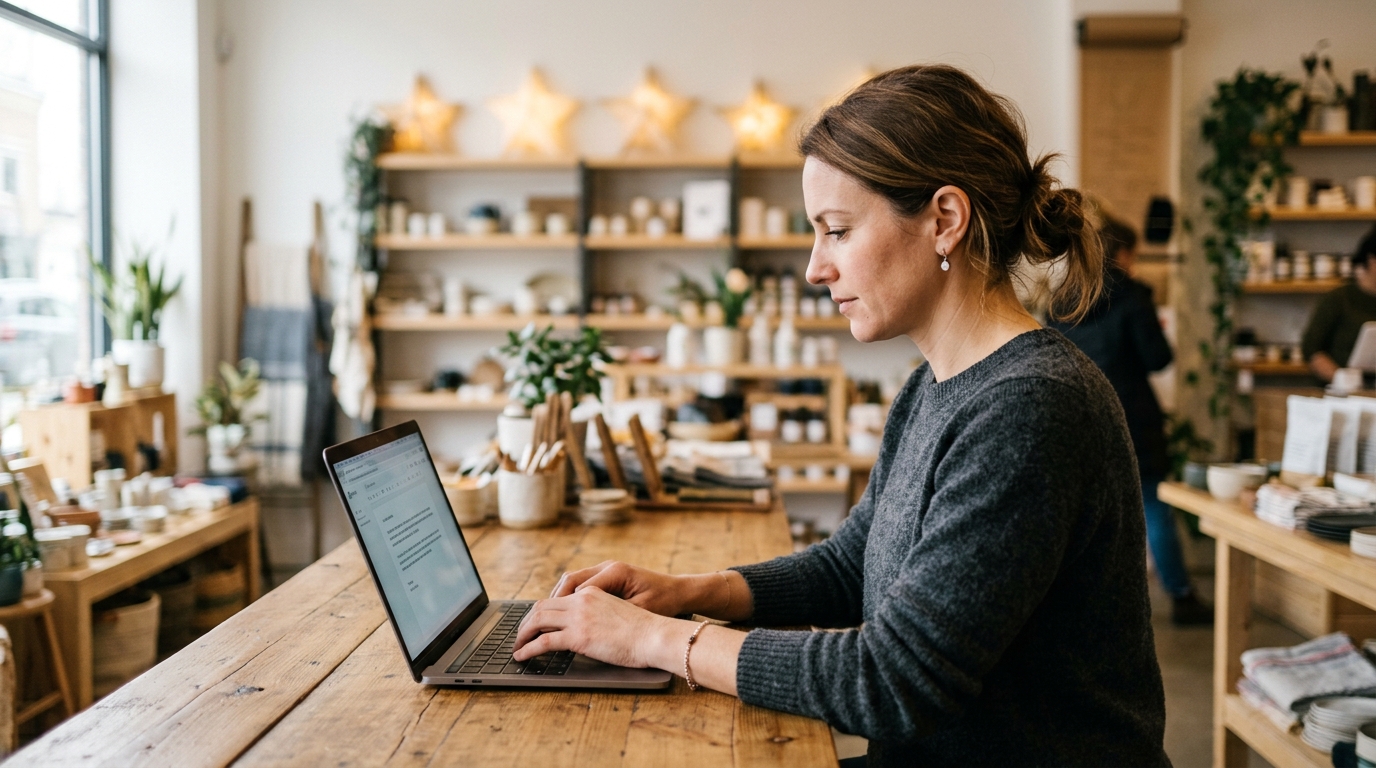 A small business owner typing a review reply on a laptop at a wooden shop counter