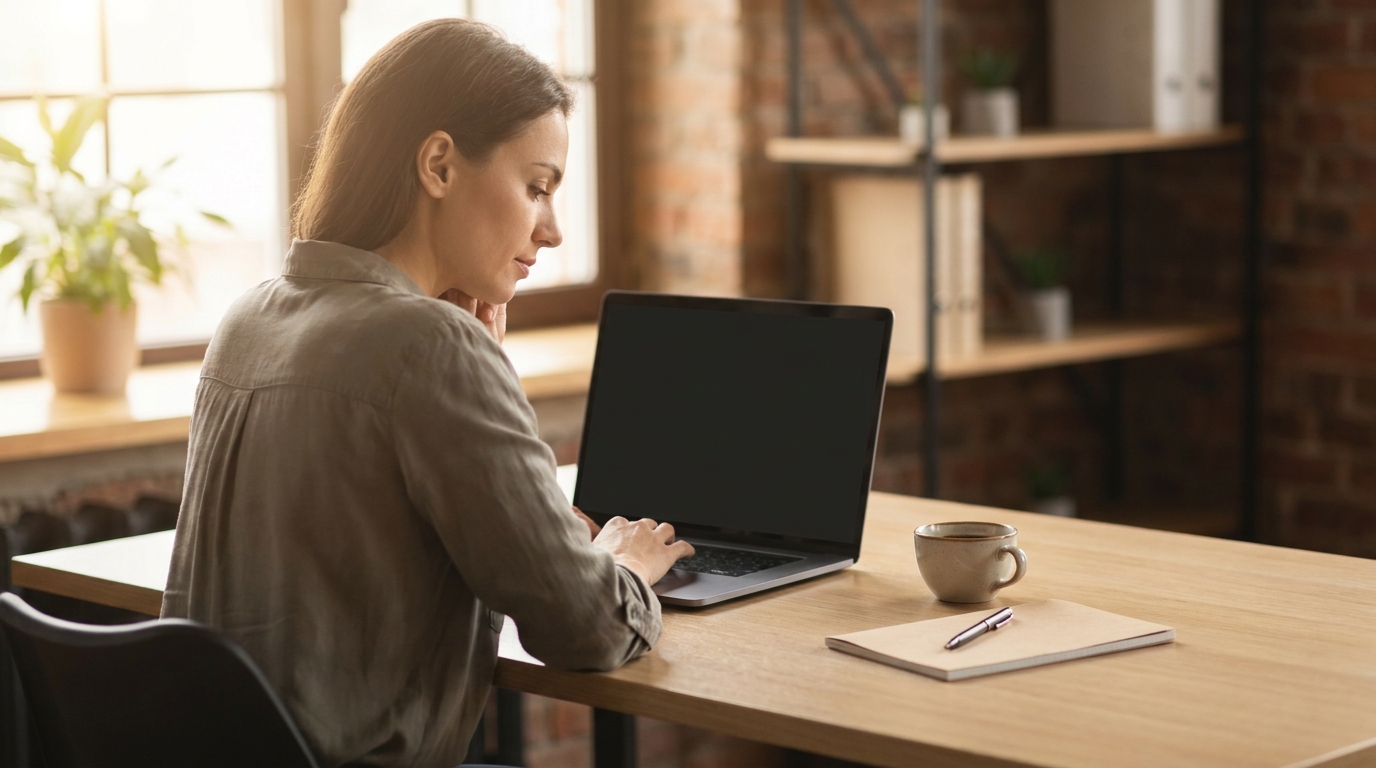 A small business owner working on a laptop at a wooden desk in a bright office with a coffee cup and notepad