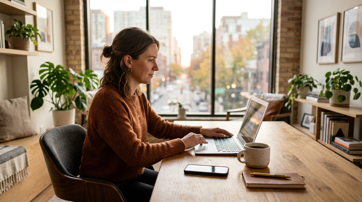 A small business owner reviewing local search listings on a laptop at a wooden desk in a bright office