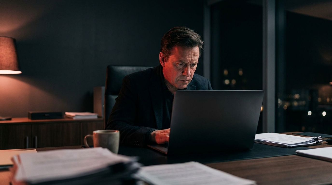 A small business owner reviewing a laptop at a dark desk after discovering a suspended Google Business Profile