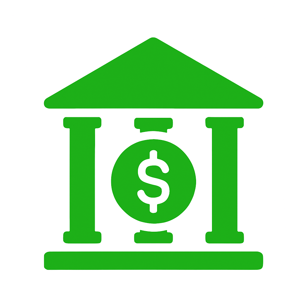 Green icon of a bank building with a dollar symbol in the center.