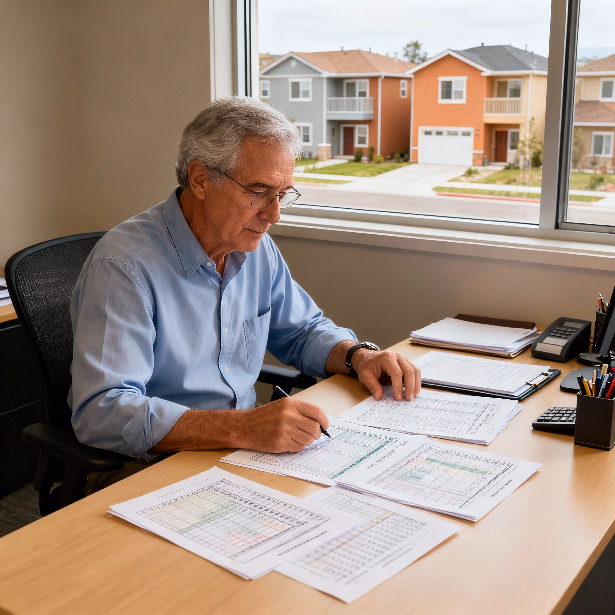 Older man in glasses and a blue shirt working with financial documents at a desk near a window showing suburban houses.