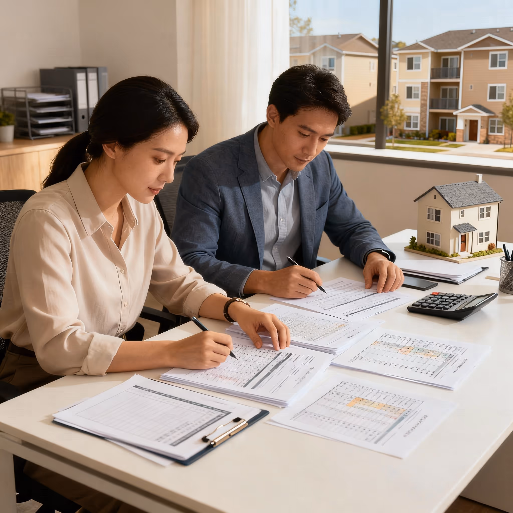 Two professionals reviewing financial documents and charts at a desk with a house model nearby in a bright office.