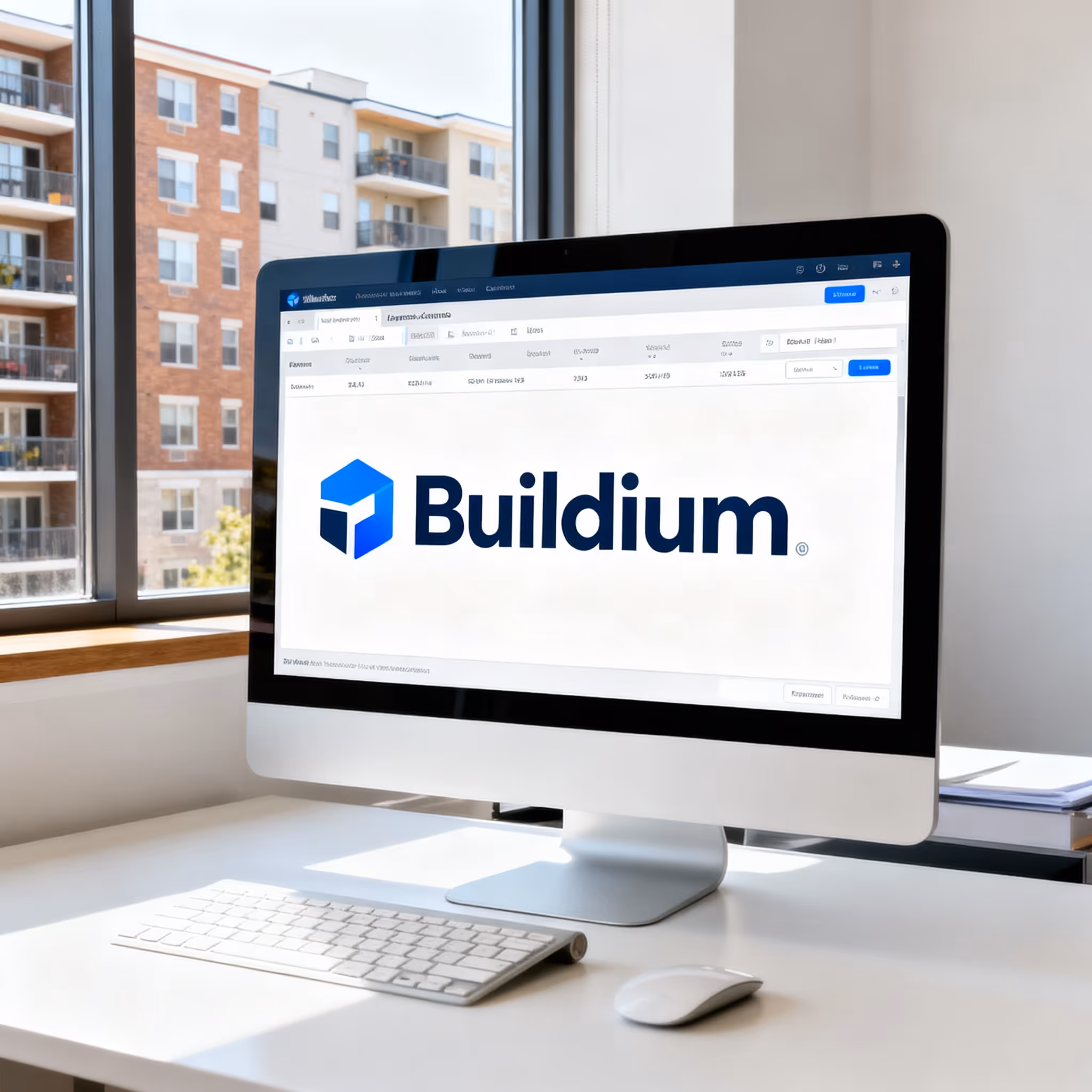 Desktop computer on a desk displays the Buildium logo with an apartment building visible through the window behind.