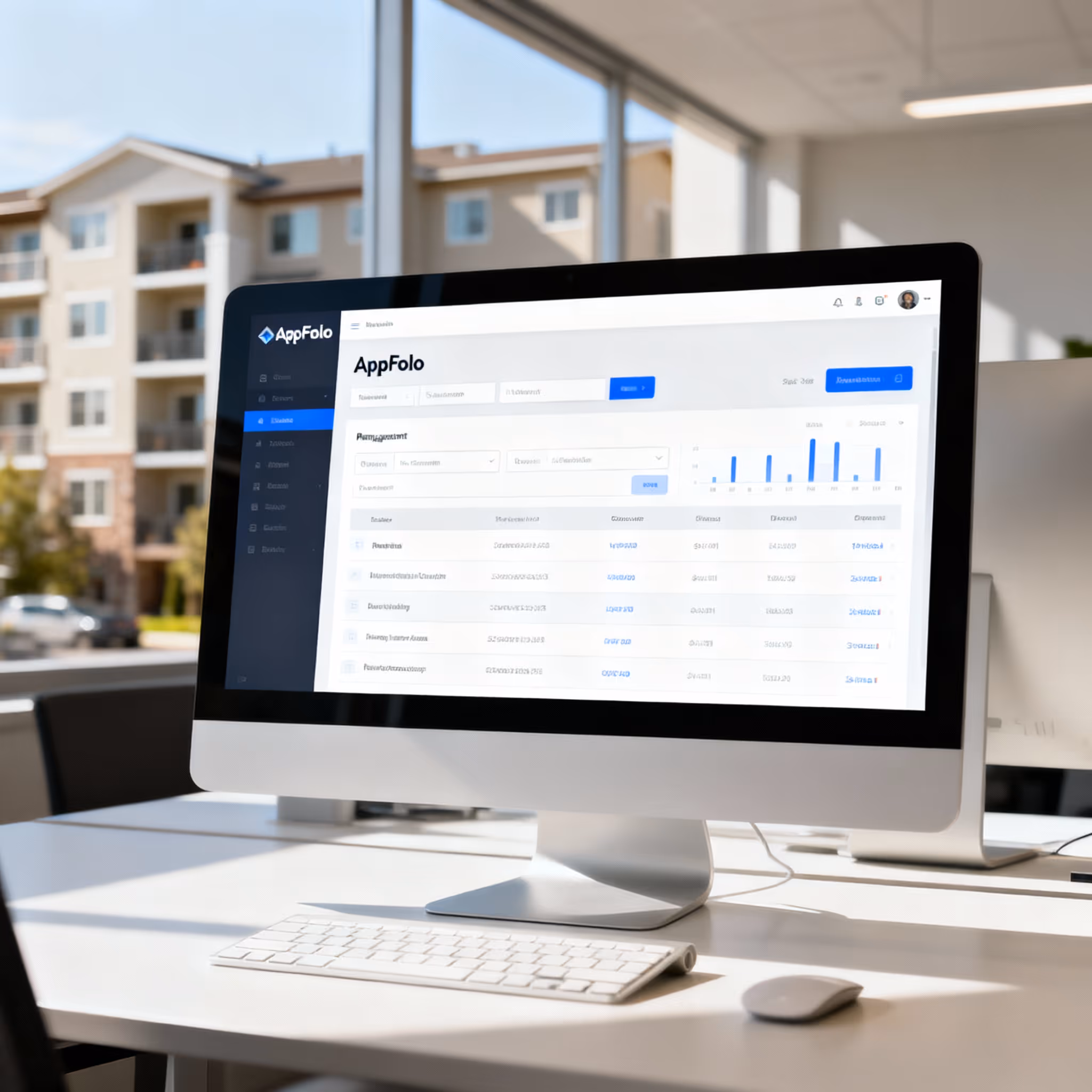 Desktop computer on office desk displaying AppFolio property management software dashboard with a keyboard and mouse in front.