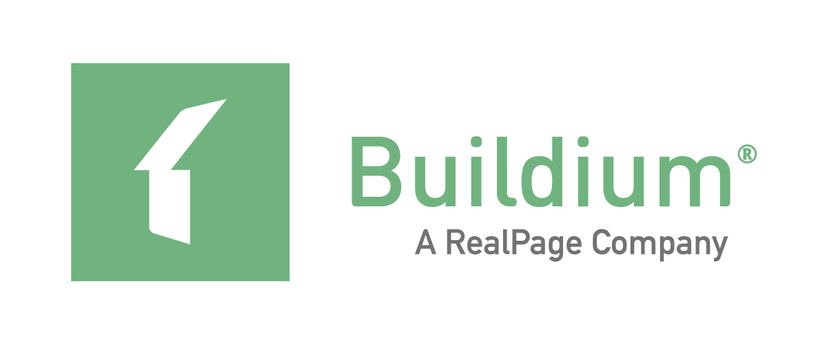 Buildium company logo with a stylized white upward arrow inside a green square, accompanied by the text 'Buildium A RealPage Company'.