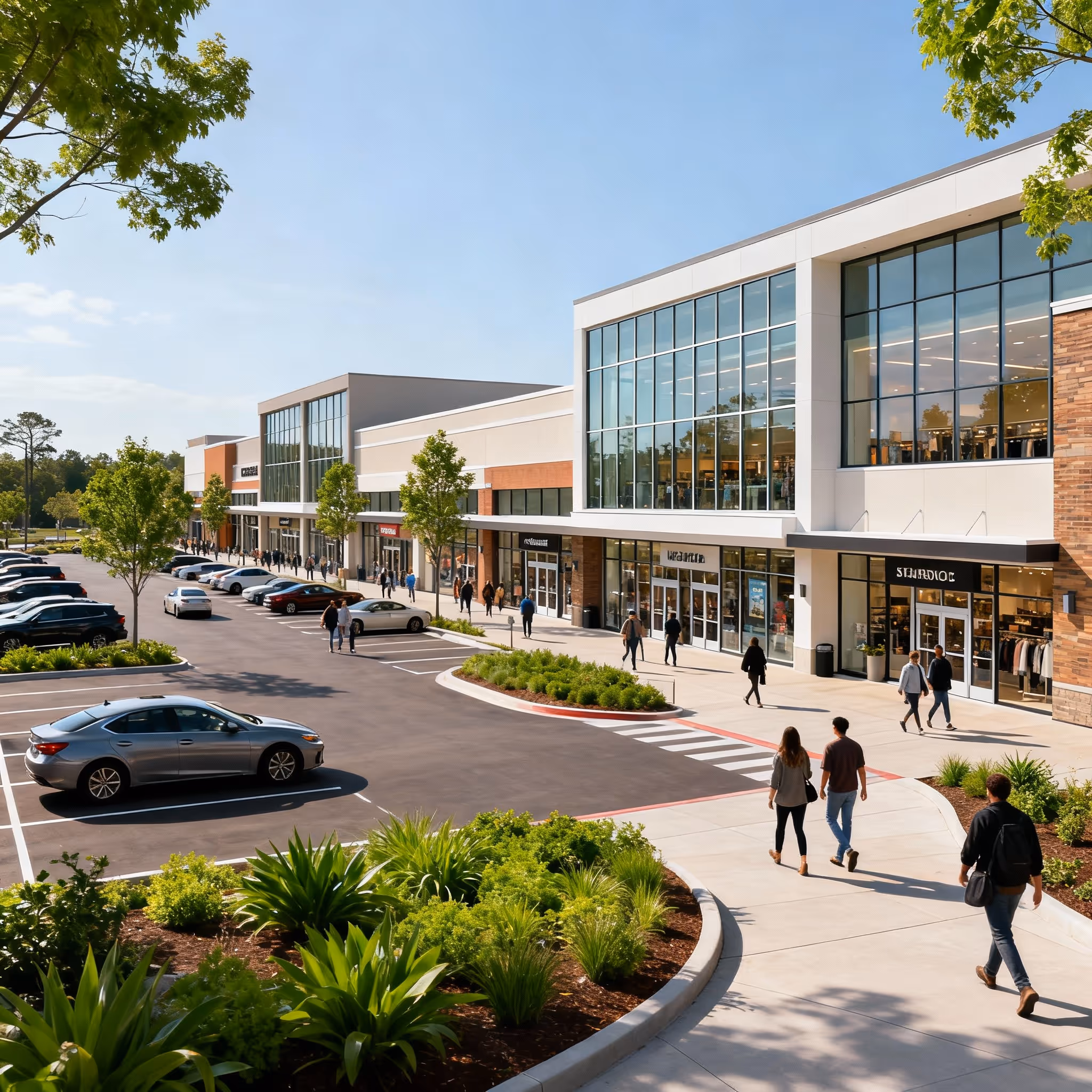 Outdoor shopping center with modern storefronts, parked cars, landscaping, and people walking on a sunny day.