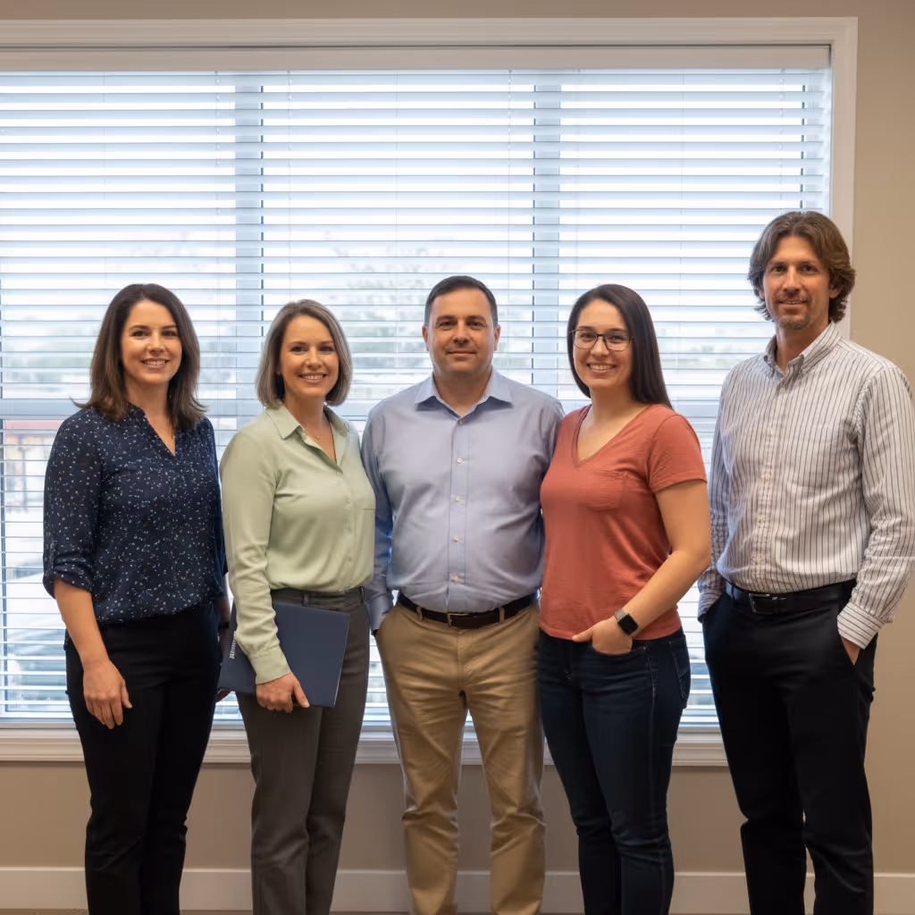 Five professionally dressed people standing in front of a window with white blinds, smiling at the camera.