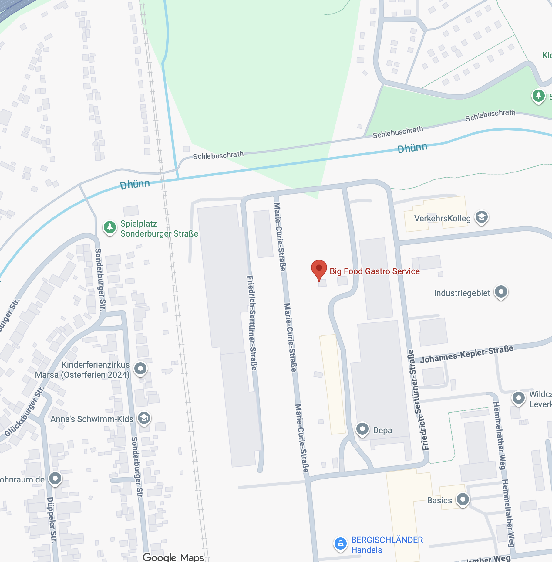 Karte mit Standort von Big Food Gastro Service in einem Industriegebiet nahe Marie-Curie-Straße und Friedrich-Setrüner-Straße, neben dem Fluss Dhünn.