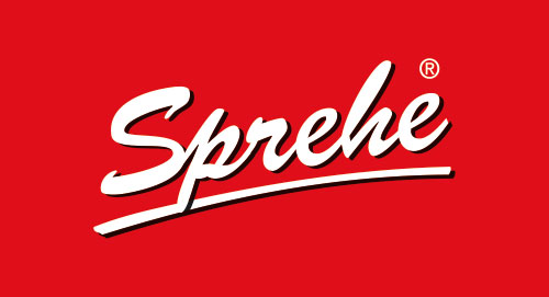 Weißer Schriftzug Sprehe auf rotem Hintergrund.