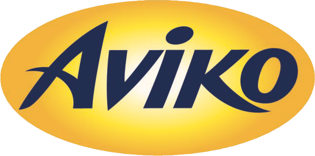 Aviko Markenlogo auf gelbem ovalem Hintergrund.