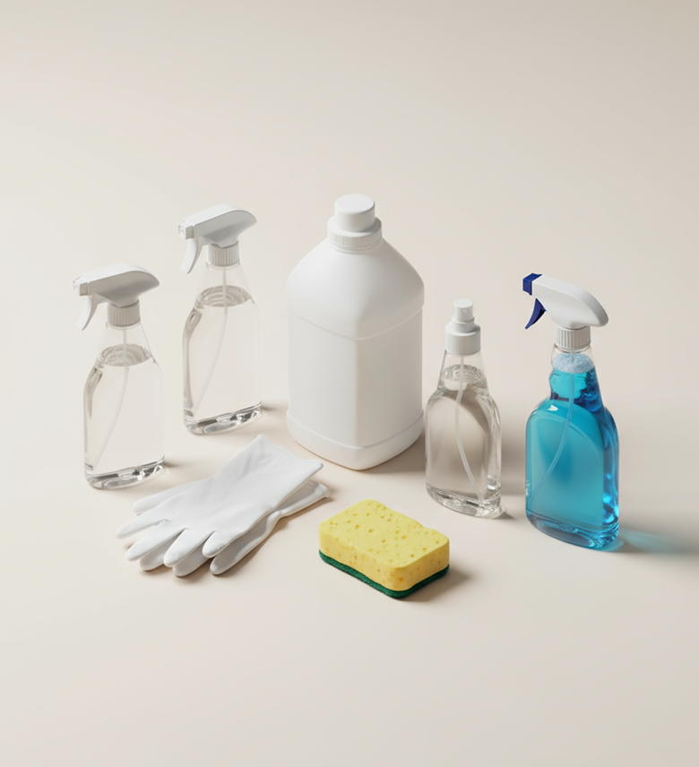 Reinigungsmittel mit drei Sprühflaschen, einer großen weißen Flasche, einem Paar weißen Handschuhen und einem gelben Schwamm auf hellem Hintergrund.