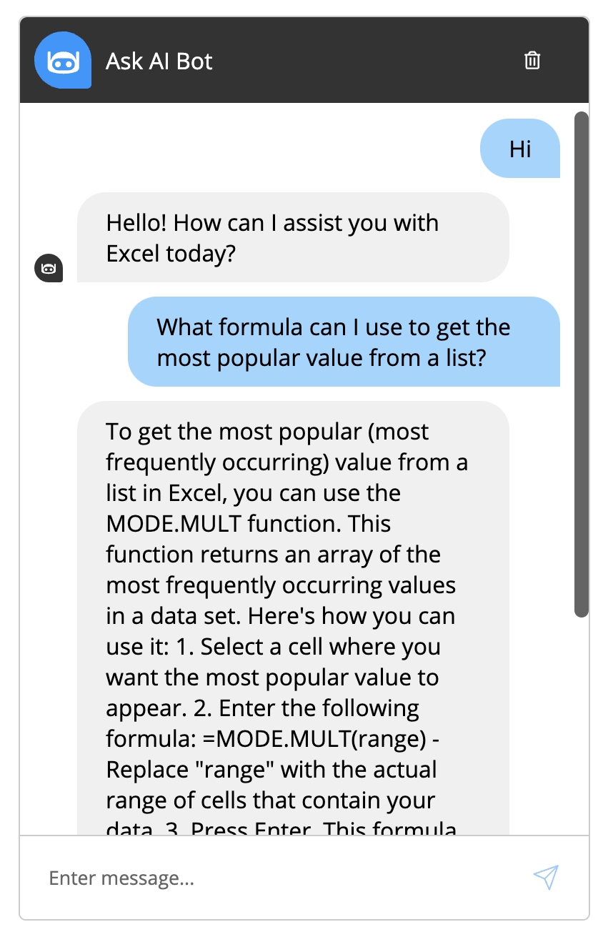 screenshot of AI chat widget