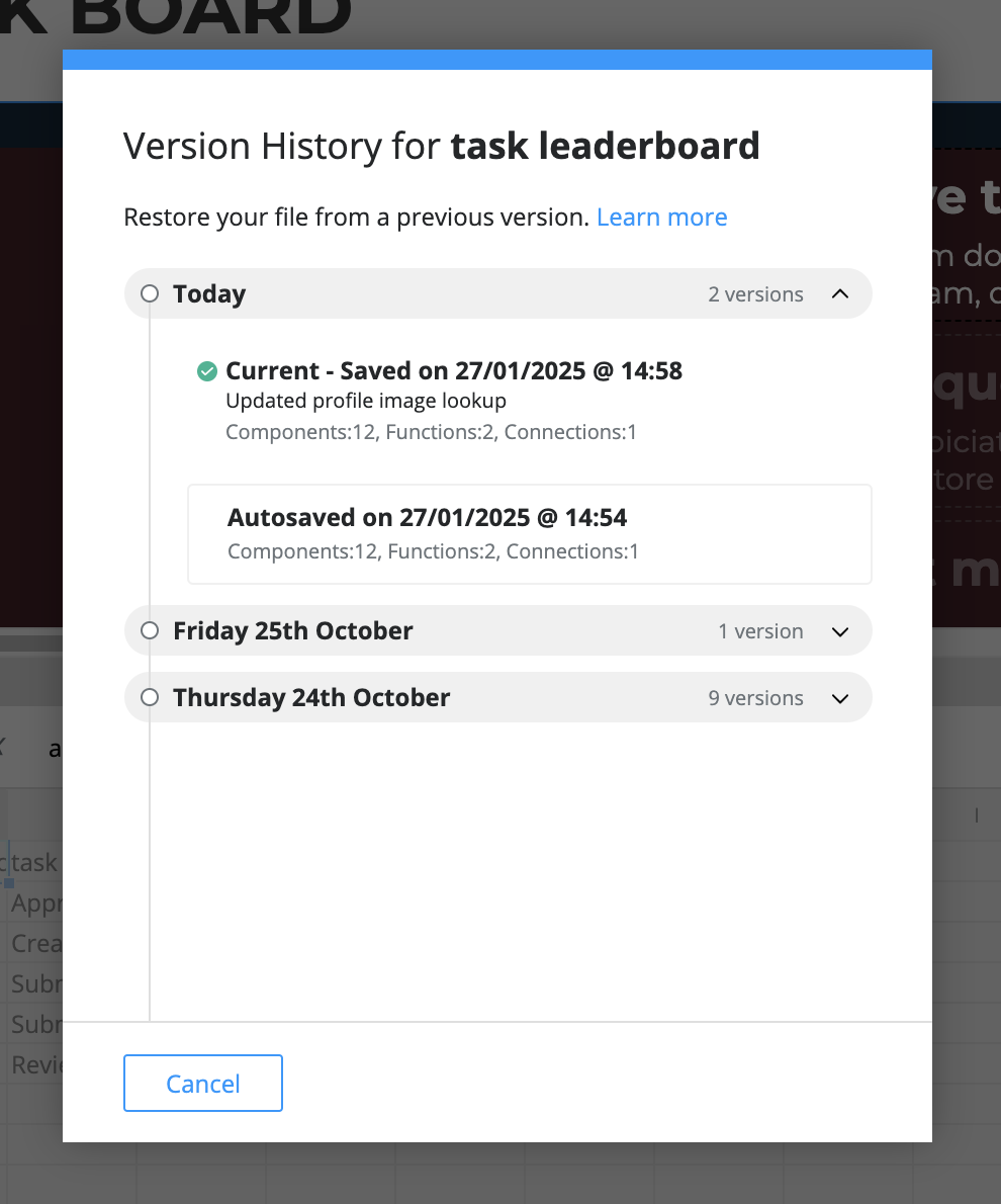 Screenshot of Version History panel