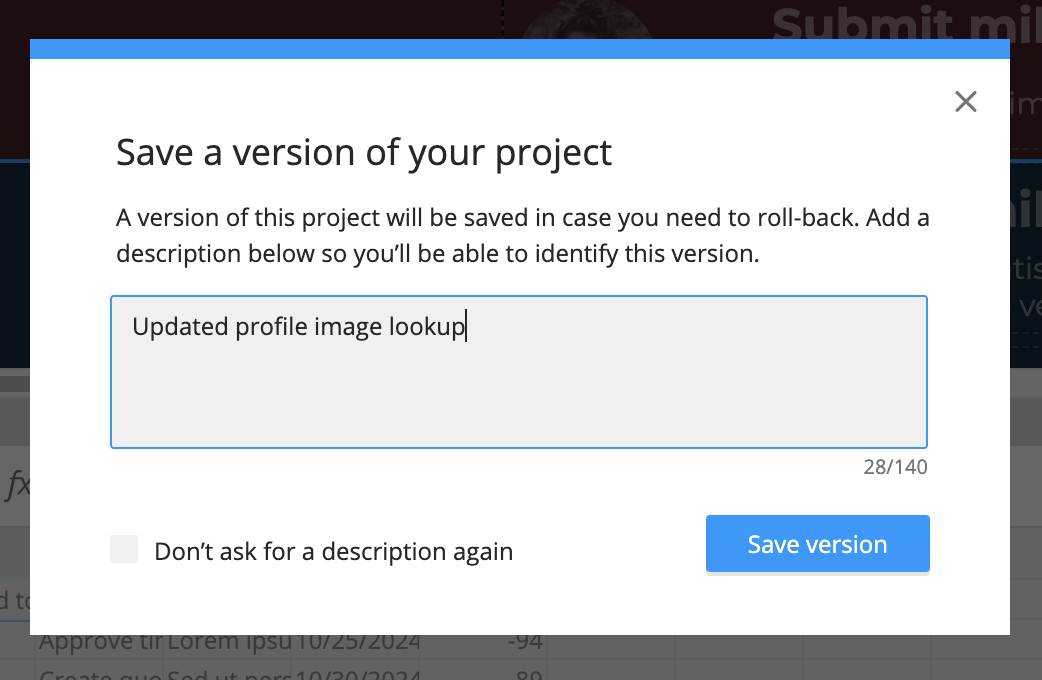Screenshot of Save a version of your project modal