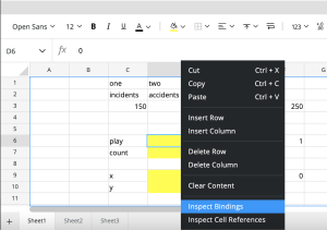 Screenshot of spreadsheet menu and Inspect bindings option