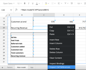 Screenshot of spreadsheet menu with Inspect Cell References option