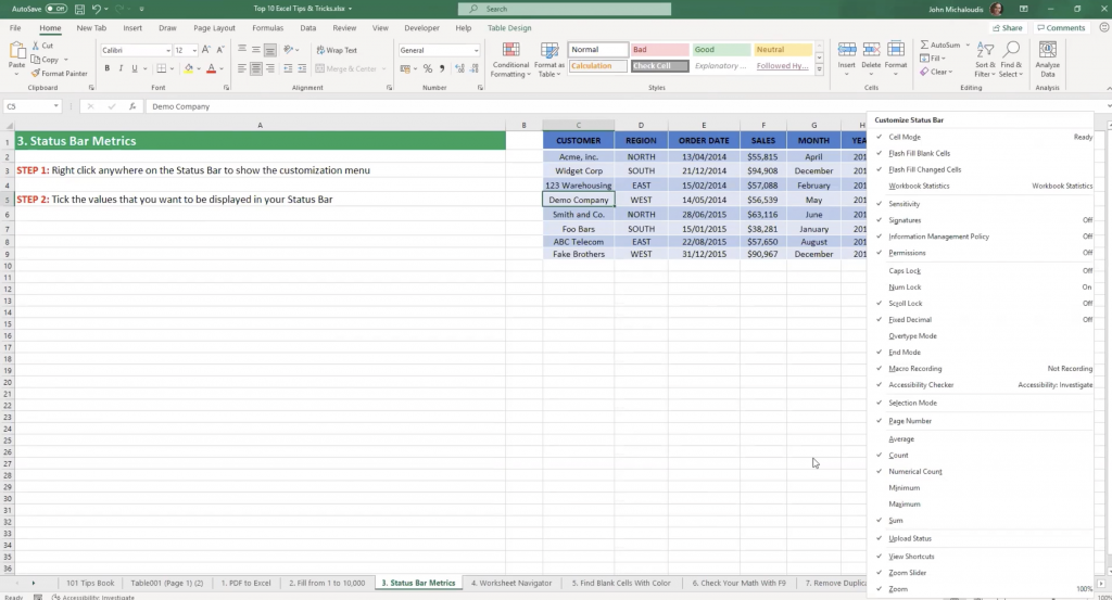 Options for customising Status Bar in Excel