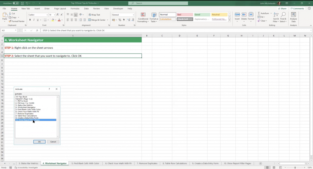 Excel's Activate box lets you view worksheets