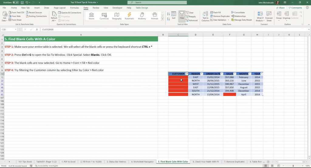 Filtered blank cells by colour