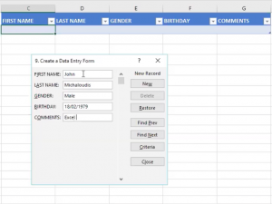 Using the Form Dialogue box in Excel