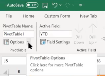 Using the Pivot Table Options drop-down