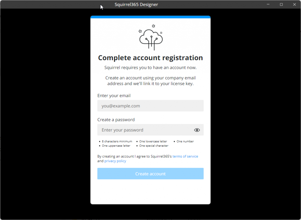 Screenshot of the account registration screen