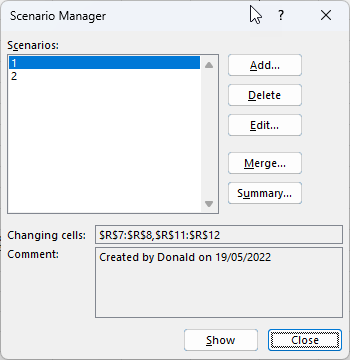 Scenario manager in Excel