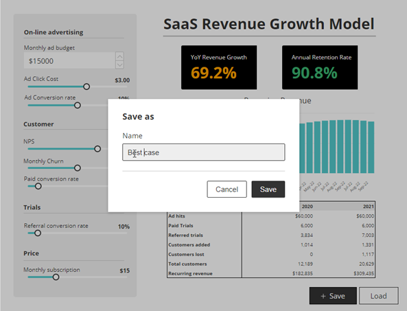Screenshot of Save a Scenario in Squirrel365