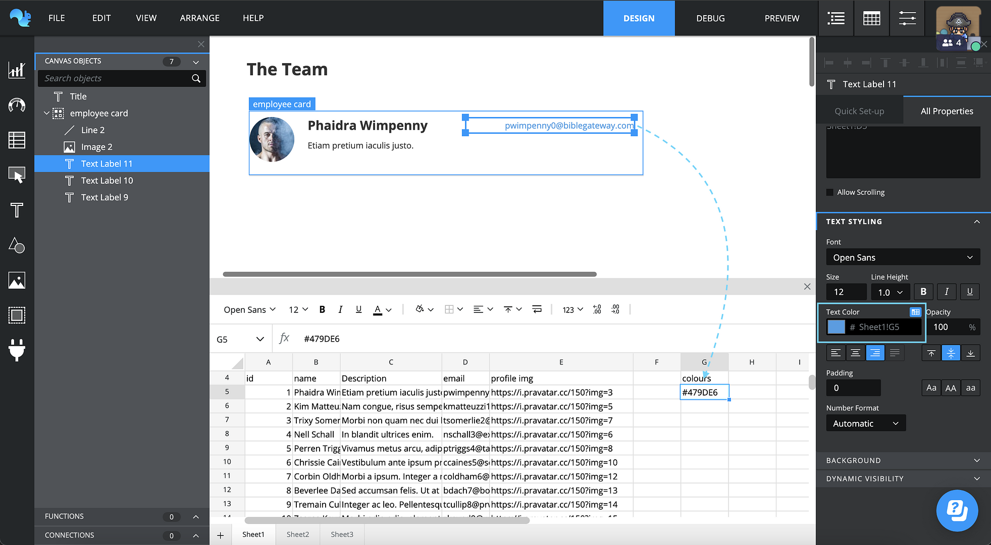 Screenshot of repeat container showing how it references the spreadsheet