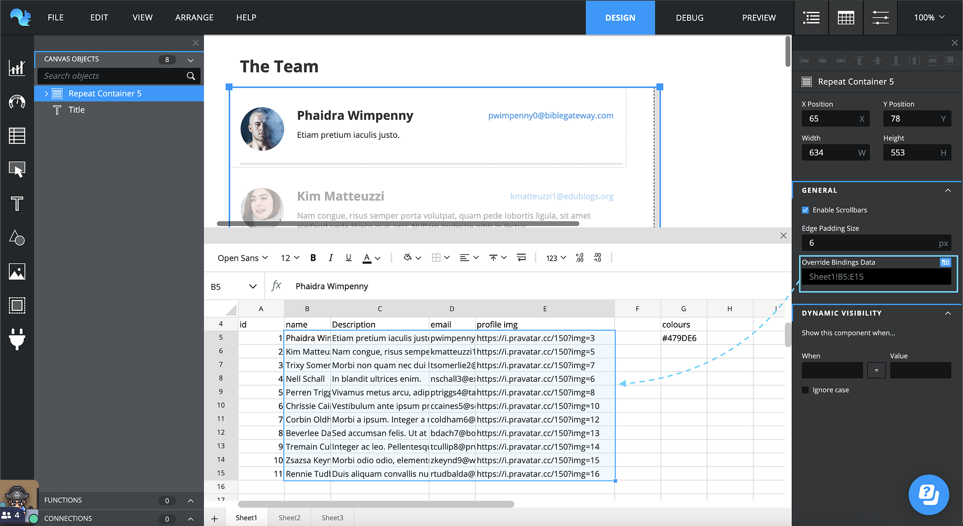 Screenshot of the repeat container using bindings