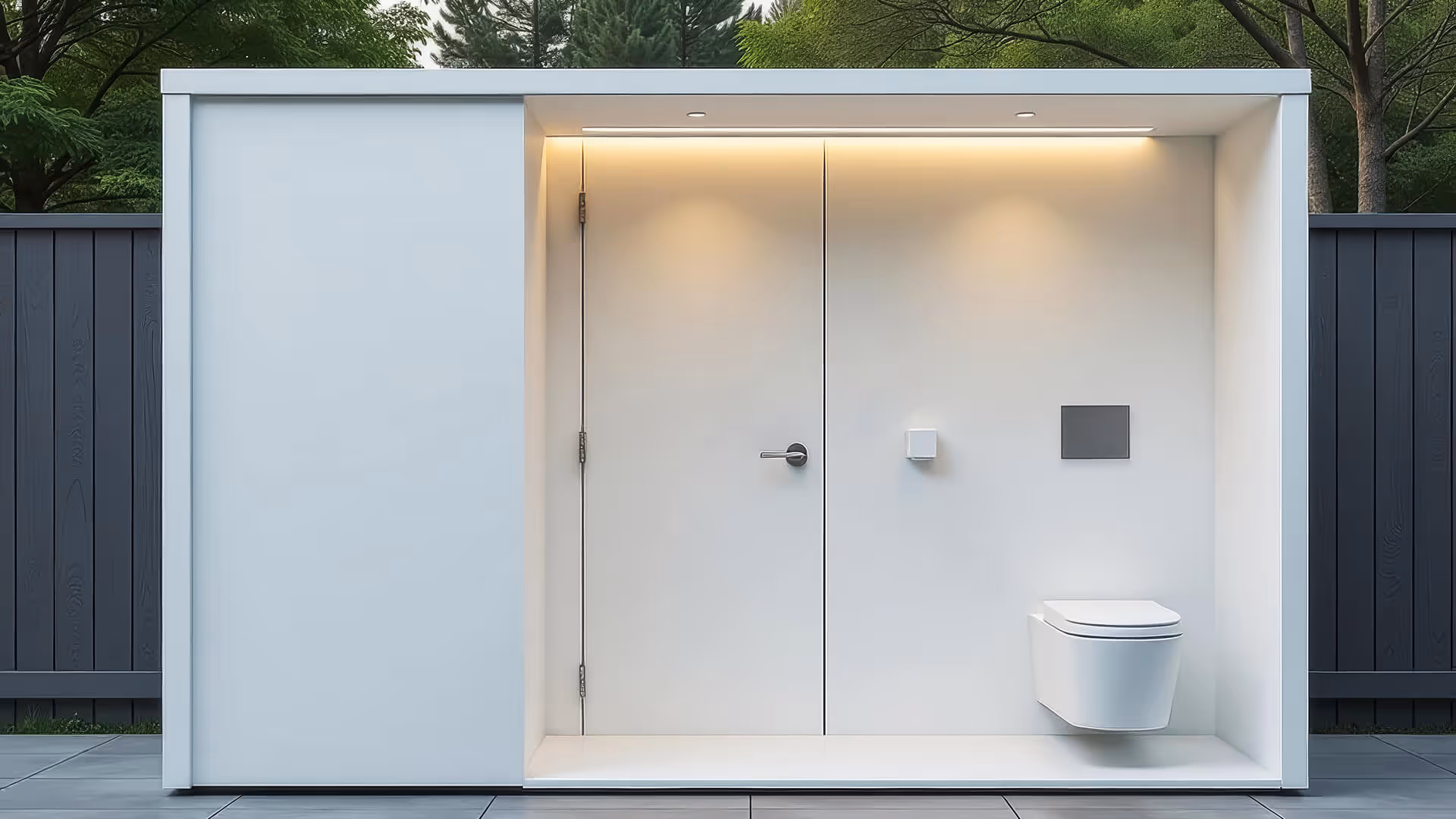 Banheiro modular minimalista branco externo com vaso sanitário suspenso e iluminação embutida.